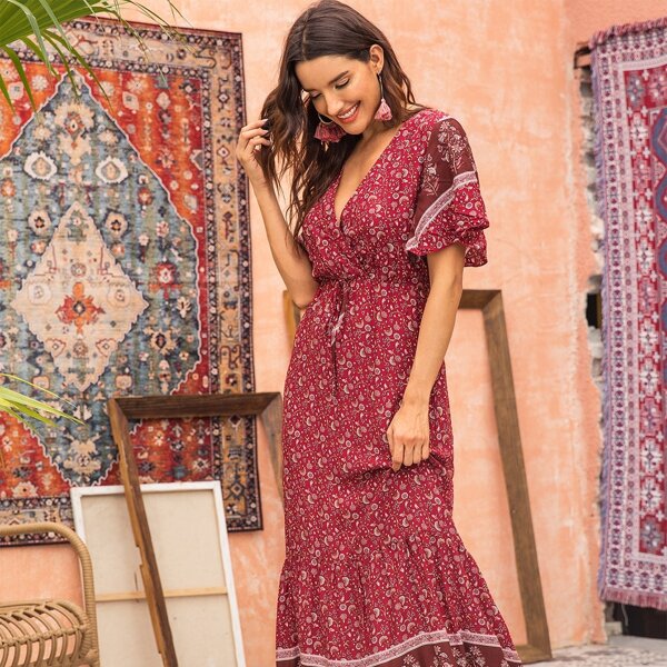 

Surplice Ditsy Floral Drawstring Waist Dress, Multicolor