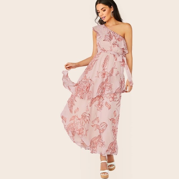 

Sleeveless One Shoulder Ruffle Floral Maxi Dress, Baby pink
