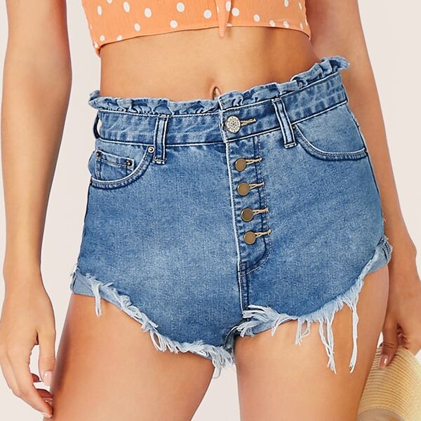 

Button Fly Ruffle Waist Raw Hem Denim Shorts, Blue