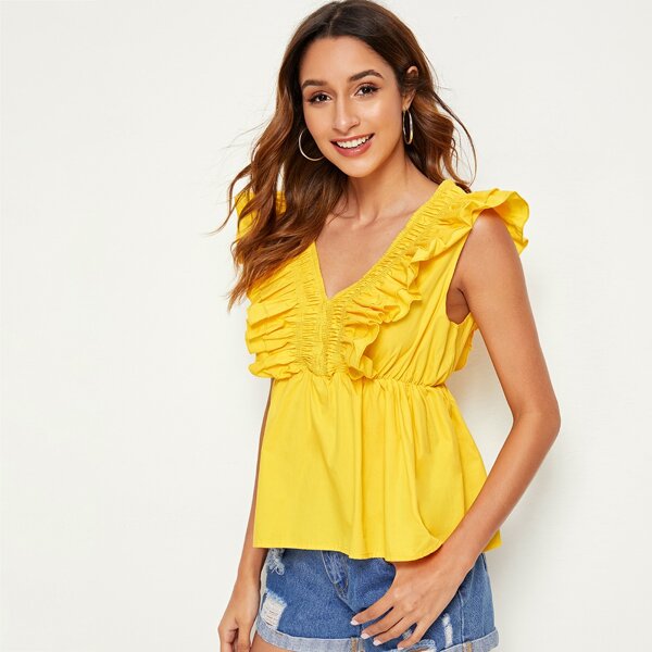

V Neck Ruffle Trim Peplum Top