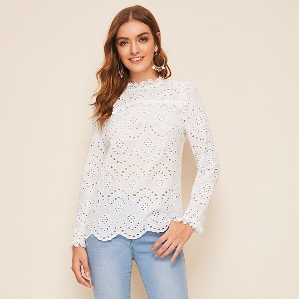 

Eyelet Embroidery Scallop Edge Keyhole Back Blouse, White