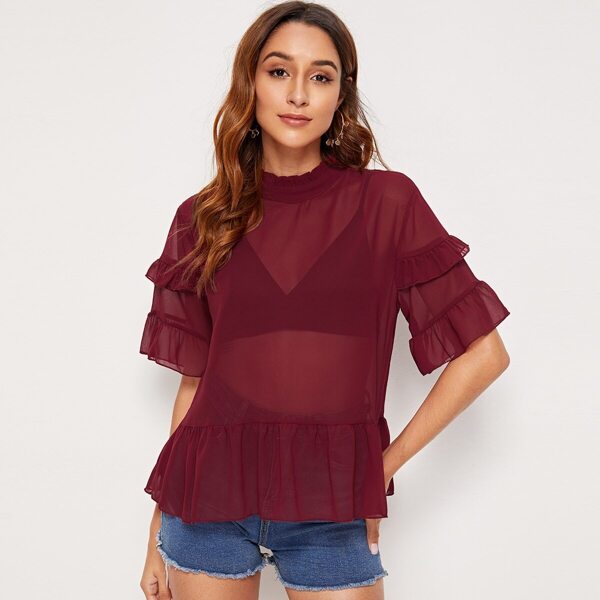 

Chiffon Ruffle Trim Keyhole Back Sheer Peplum Blouse