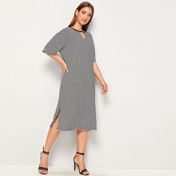 

Keyhole Neckline Striped Split Side Dress
