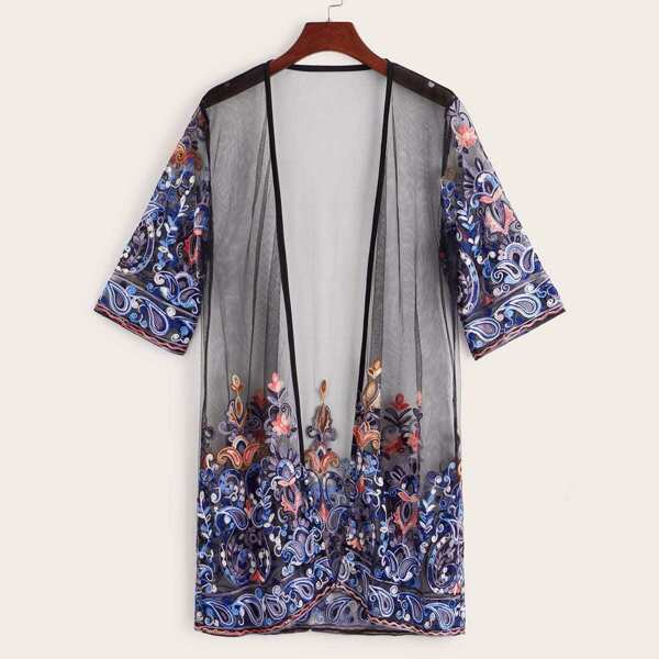 

Floral Embroidery Mesh Kimono