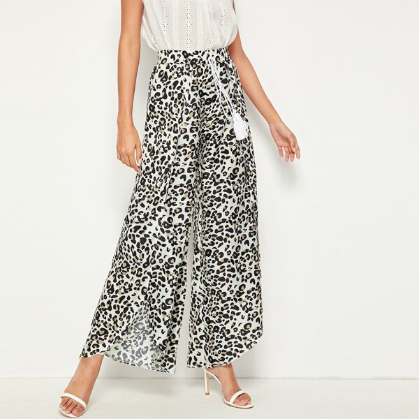 

Leopard Print Drawstring Waist Wide Leg Pants