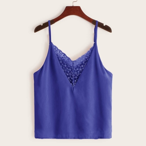 Contrast Mesh Floral Embroidery Cami Top, Blue