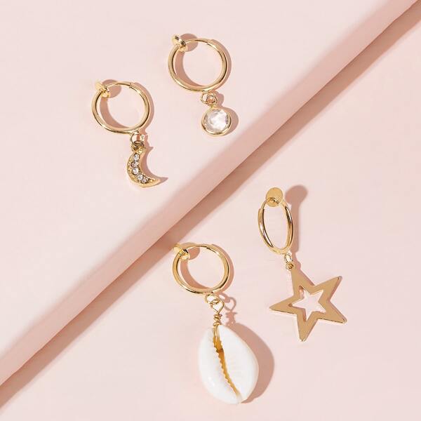 

Shell & Star Charm Hoop Earrings 4pcs