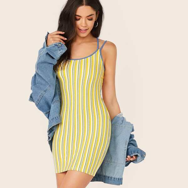 

Crisscross Back Striped Slip Dress