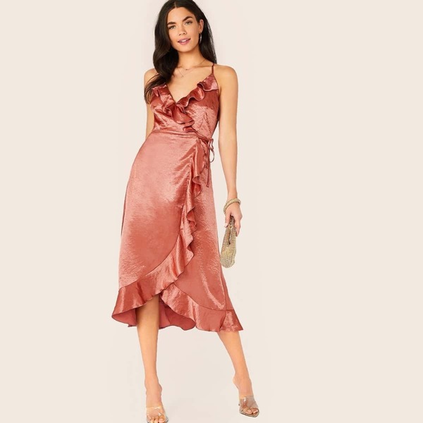 

Lace Up Back Ruffle Trim Wrap Knot Slip Dress, Pink