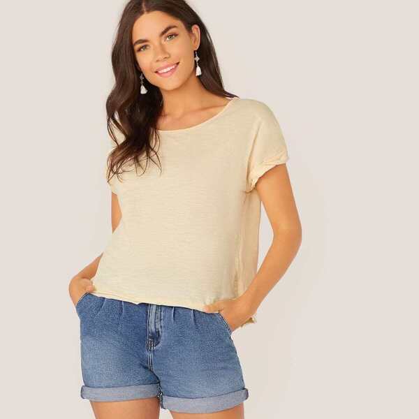 

Cuffed Sleeve Split Hem Textured Top