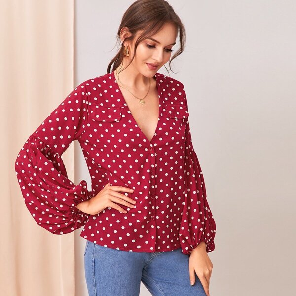 

Polka Dot V-neck Bishop Sleeve Blouse