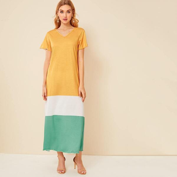 

Cut And Sew Panel V-neck Tee Dress, Multicolor
