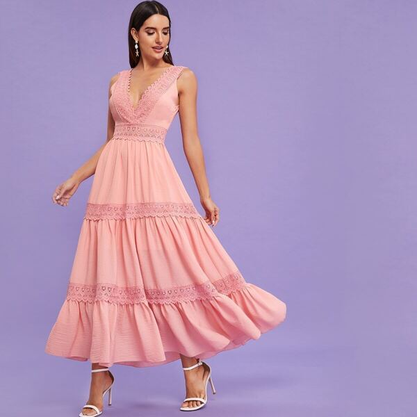 

Contrast Lace Plunging Neck Ruffle Hem Formal Dress, Pink