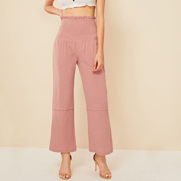 

Solid Shirred Paperbag Waist Pants