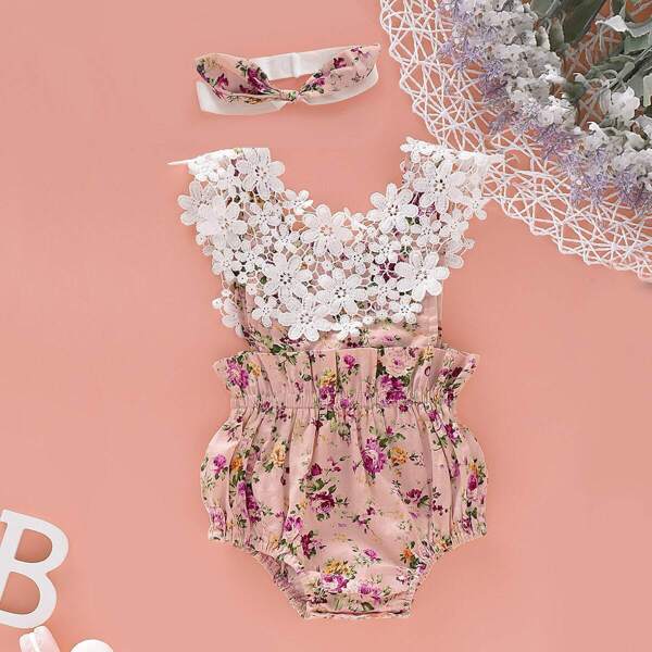

Baby Girl Guipure Lace Floral Print Romper & Headband