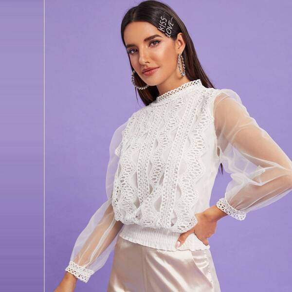 

Contrast Crochet And Mesh Shirred Hem Blouse