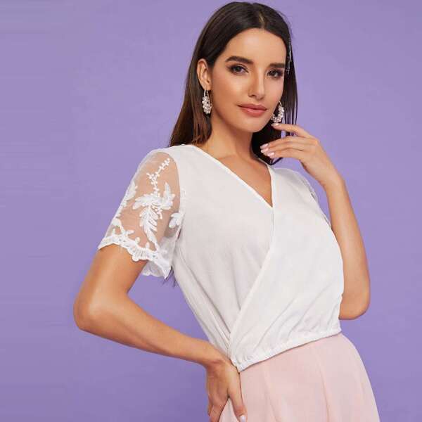 

Contrast Lace Sleeve Surplice Front Blouse