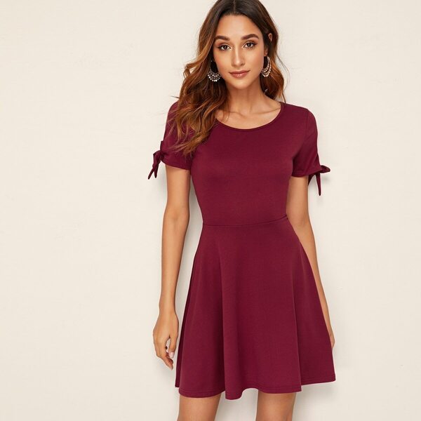 

Solid Knot Cuff Fit And Flare Dress