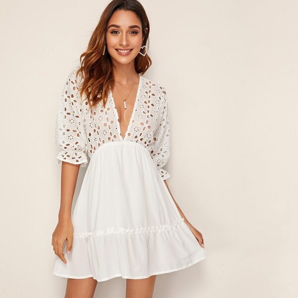 

Eyelet Embroidery Panel Deep V Neck Tie Back Dress, White