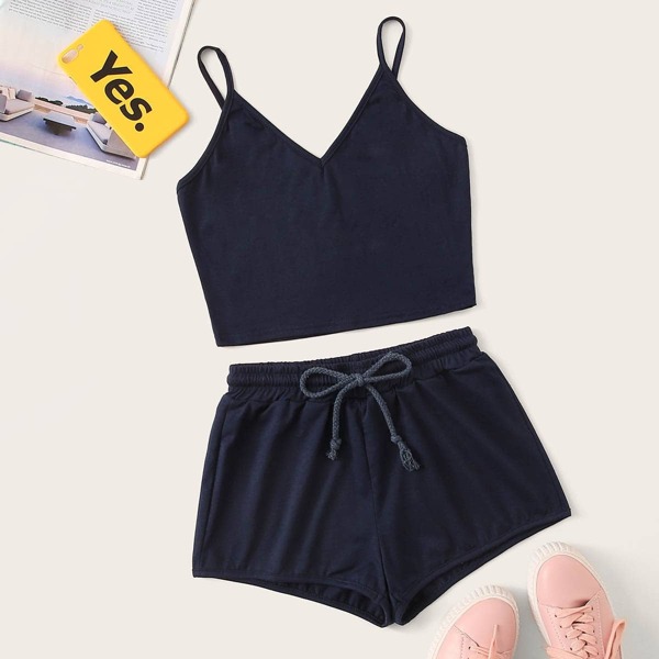 

Solid Cami Top With Drawstring Waist Shorts, Navy