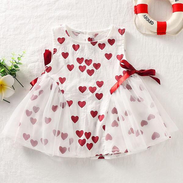 

Baby Girl Allover Heart Print Contrast Mesh Tie Side Babydoll Dress, White