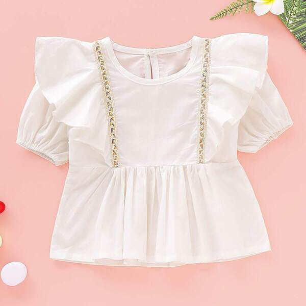Toddler Girls Contrast Tape Ruffle Trim Blouse, White