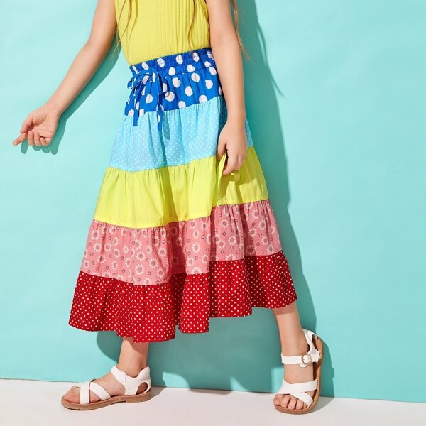 

Toddler Girls Cut And Sew Panel Drawstring Waist Skirt, Multicolor
