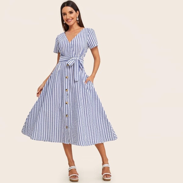 

Button Front Stripe Surplice Belted Dress