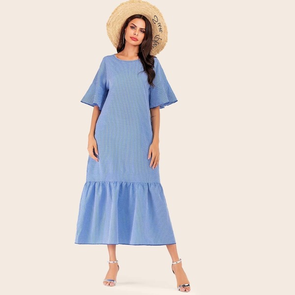 

Gingham Flounce Sleeve Ruffle Hem Dress, Blue