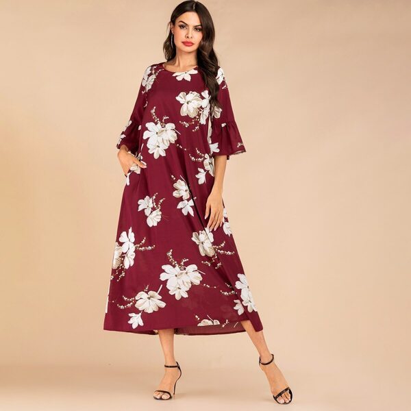 

Floral Flounce Sleeve Hidden Pocket Dress, Red