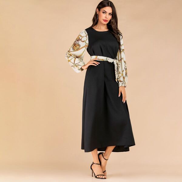 

Chain Print Hidden Pocket Belted Dress, Black