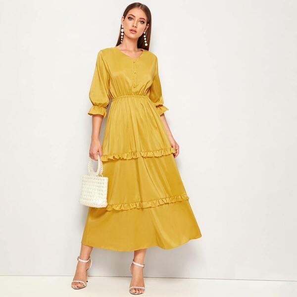 

Solid Ruffle Trim Elastic Waist Dress, Yellow