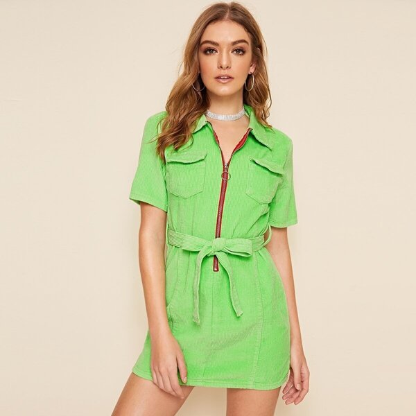 

Pocket Patch Zip Front Belted Corduroy Dress, Green bright