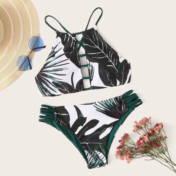 

Lace-up Leaf Print Halter Top With Ladder Cutout Bikini