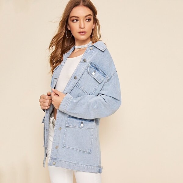 

Bleach Wash Pocket Patch Longline Jacket, Blue pastel