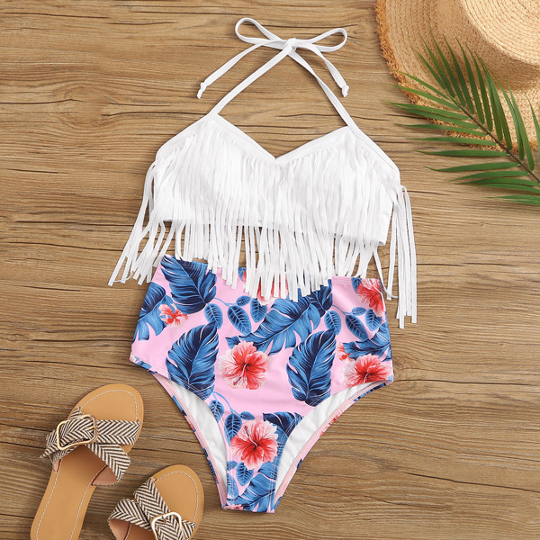 

Fringe Halter Top With Tropical Bikini Set