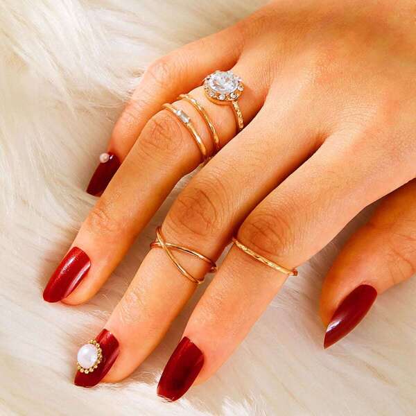Rhinestone Engraved Ring 5pcs