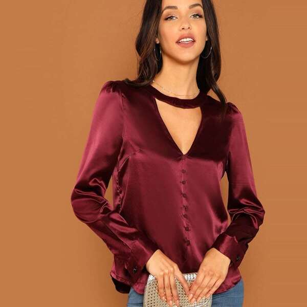 

Button Front Choker Neck Top