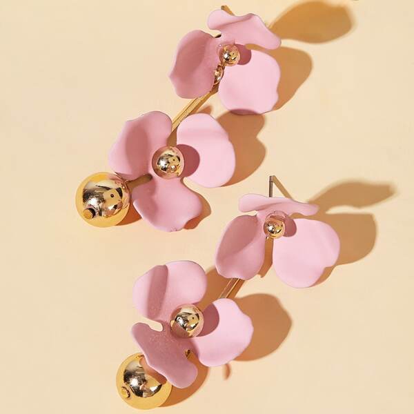 

Double Flower Decor Ball Drop Earrings 1pair, Pink