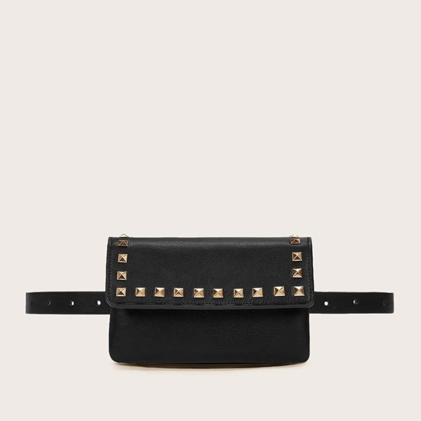 

Studded Decor Flap Fanny Pack, Black