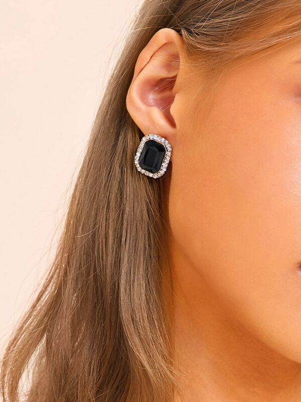 

Gemstone Decor Geometric Stud Earrings 1pair, Black