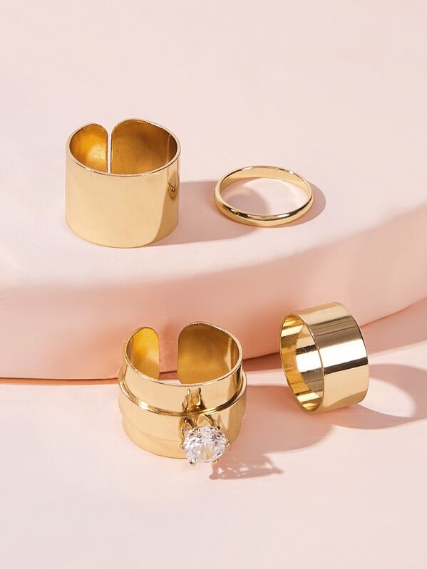 

Rhinestone Decor Metallic Cuff Ring 4pcs, Gold