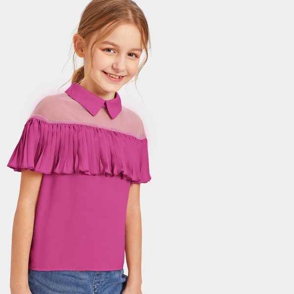 

Girls Collared Mesh Yoke Pleated Foldover Top, Pink