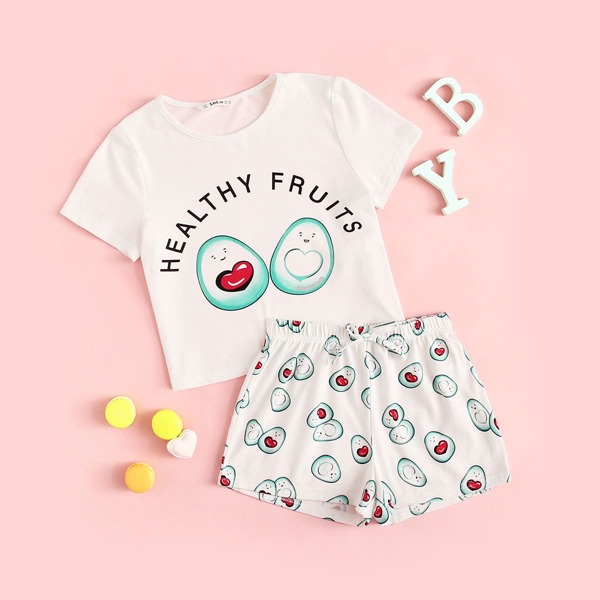 

Girls Letter & Fruit Tee & Drawstring Shorts PJ Set