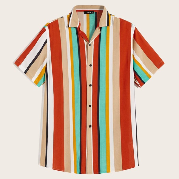 

Men Notch Collar Button Fly Striped Shirt, Multicolor