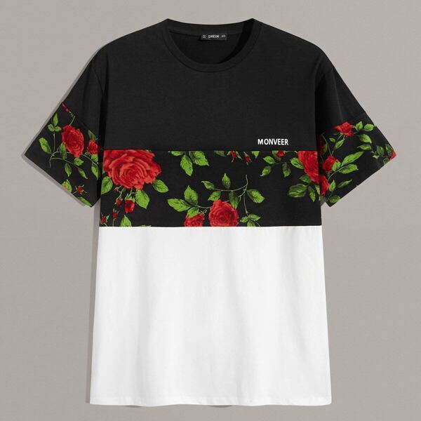 

Men Floral & Letter Color-block Tee, Black and white
