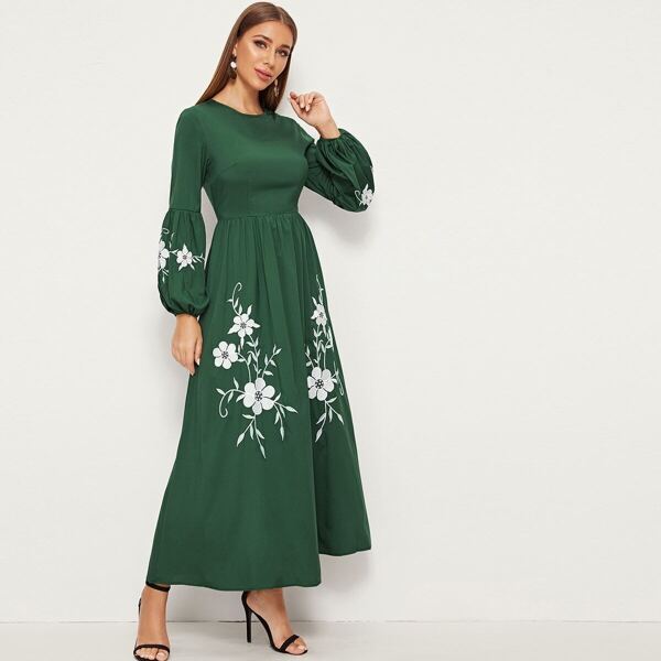 

Bishop Sleeve Floral Embroidered Maxi Dress, Green
