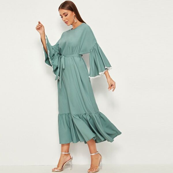 

Embroidered Mesh Trim Exaggerate Bell Sleeve Self Belted Dress, Green