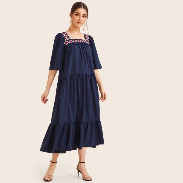 

Embroidery Detail Layered Ruffle Hem Dress, Navy