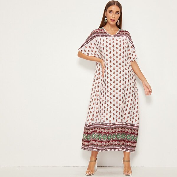 

Tribal Print V-neck Batwing Sleeve Dress, Multicolor